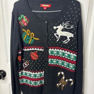 Holiday Traditions L Black Christmas Sequin Cardigan Y2K Ugly Sweater
